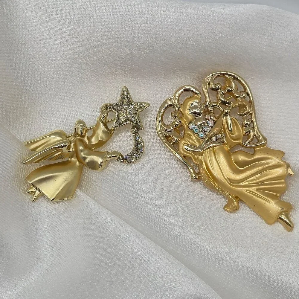 Festive Joy Holiday Gold Tone Angels Religious Faith Christian Brooch Pins‎ 2PC